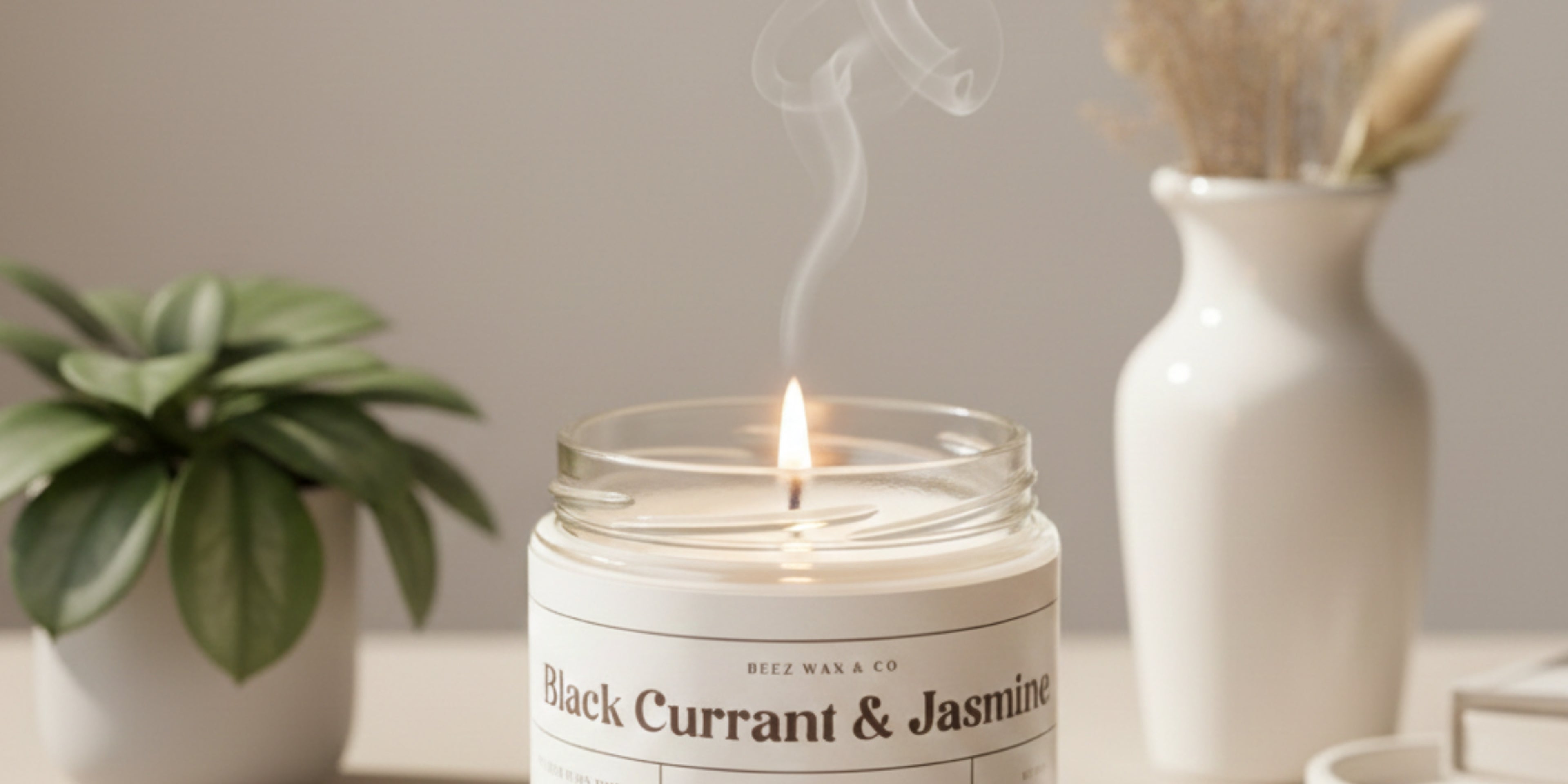 Candle labeled 'Black Currant & Jasmine' with a plant and vase in the background
