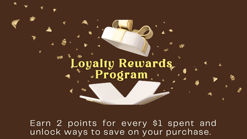Loyalty rewards program flyer with points redemption options on a brown background.